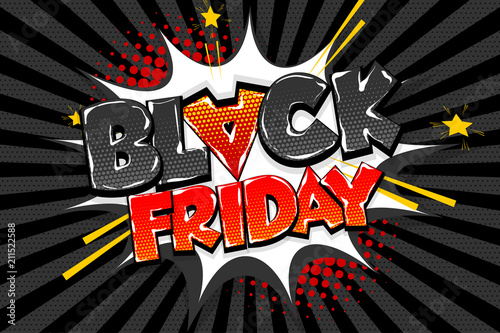 Black friday sale tag comic text speech bubble. Dark pop art style discount. Halftone vector illustration banner. Vintage comics book market poster. Colored funny font.