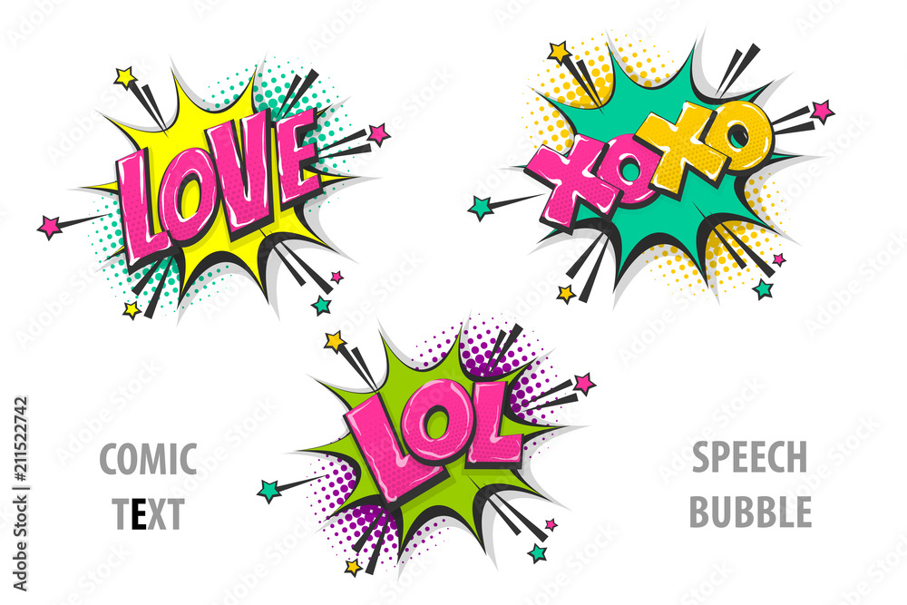 Love xoxo lol pop art style set hand drawn sound effects template comics book text speech bubble. Halftone dot background.