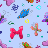 Children's seamless banner, on a blue background texture, wallpaper print fabric. decorate decorate bright. butterfly flowers.