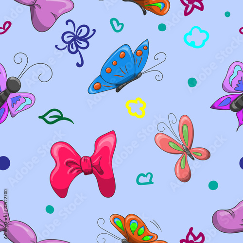 Children's seamless banner, on a blue background texture, wallpaper print fabric. decorate decorate bright. butterfly flowers.