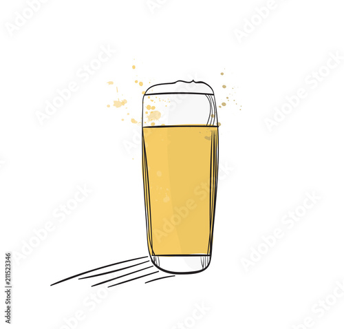 cup of beer illustration. hand drawn drink. pint of lager with splashes.  beer icon isolated on white drawn in ink. 