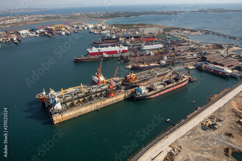 Tuzla, Istanbul, Turkey - 25 August 2013; Tuzla district of Istanbul. Aerial view of shipyards in Marmara sea. This shipyard zone was founded in 1960s and houses about 40 shipbuilding companies.  photo