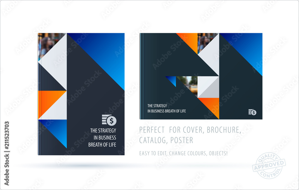 Brochure design triangular template. Colourful modern abstract set, annual report with shapes for branding.