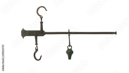 Old steelyard or roman balance vintage. Isolated on white background. With copy space text. Studio Shoot.