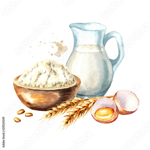 Cookig ingredients set. Broken egg, bowl of flour and  jug of milk. Watercolor hand drawn illustration, isolated on white background