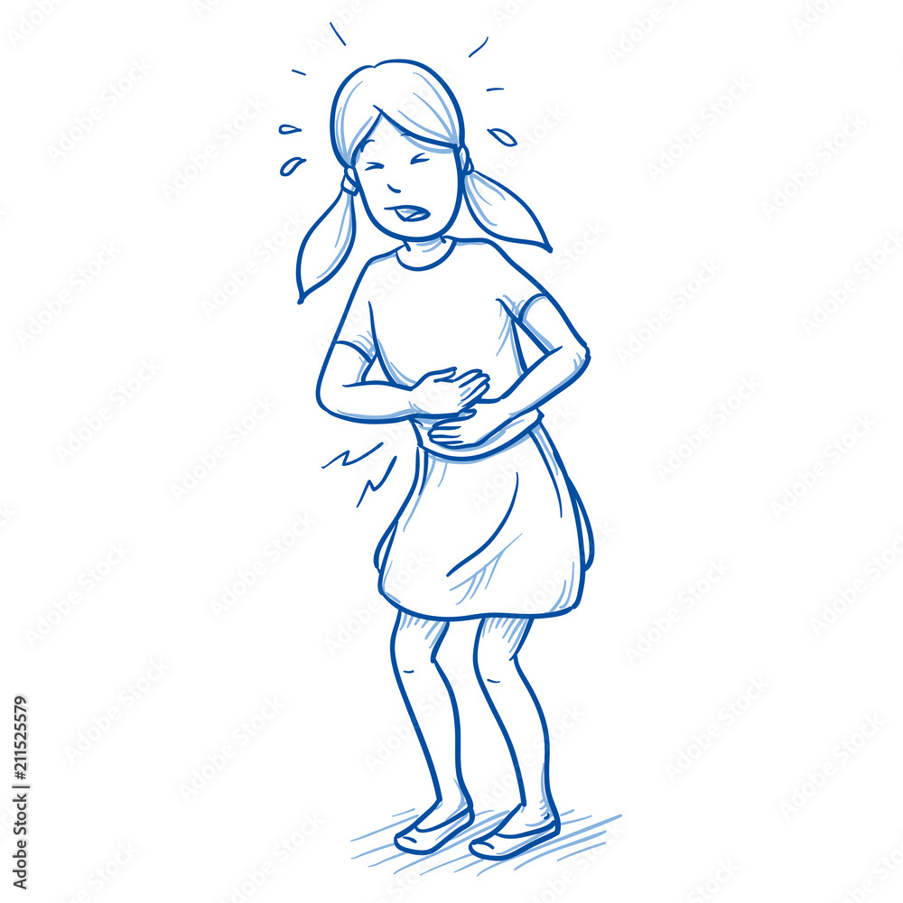 Young girl holding her stomach in pain. Hand drawn cartoon doodle vector illustration. 