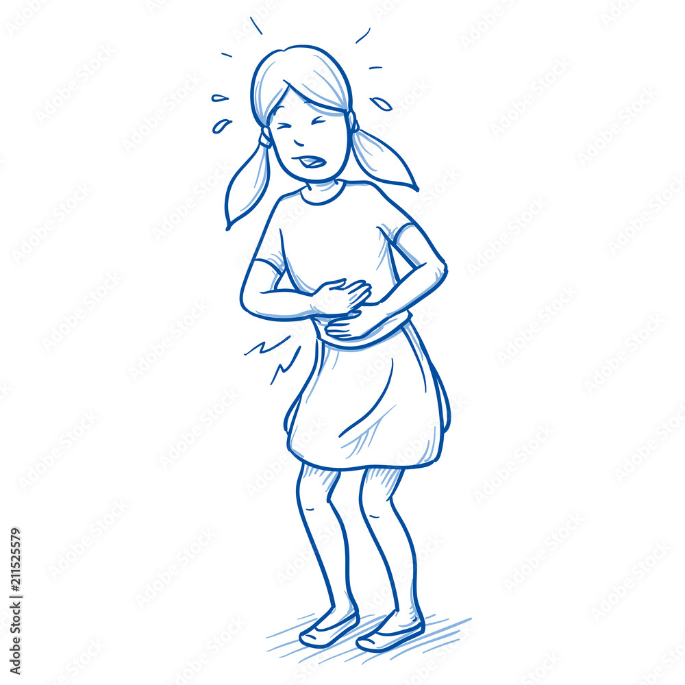 Young girl holding her stomach in pain. Hand drawn cartoon doodle vector illustration. Young girl holding her stomach in pain. Hand drawn cartoon doodle vector illustration.