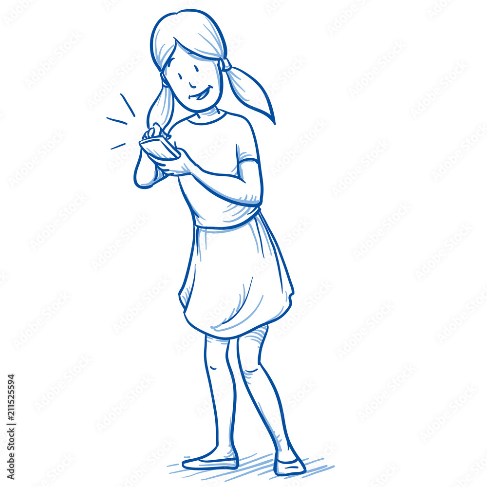 Happy young girl using her smart phone. Hand drawn cartoon doodle vector illustration. Happy young girl using her smart phone. Hand drawn cartoon doodle vector illustration.