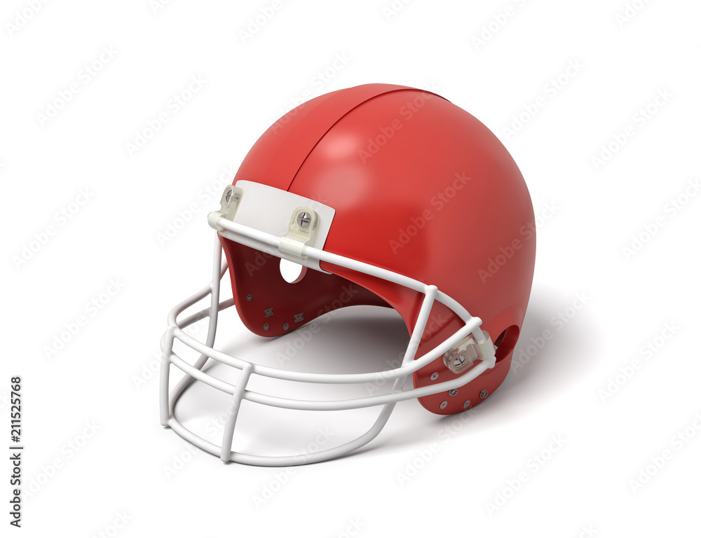 Fototapeta premium 3d rendering of a red American football helmet with a white protective grid on a white background.