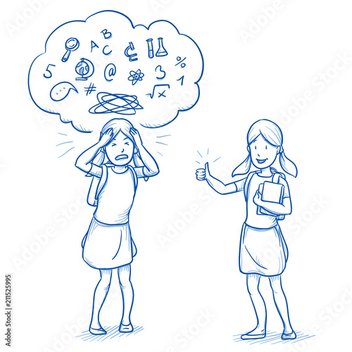 Young girl with school bag in two emotions, happy an confused. Concept for school coaching. Hand drawn cartoon doodle vector illustration.
