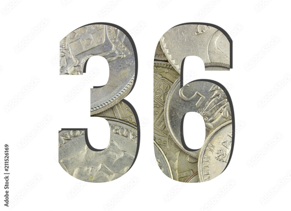 36 3d Number Shiny silver coins textures for designers. White isolated 36 3d Number Shiny silver coins textures for designers. White isolated