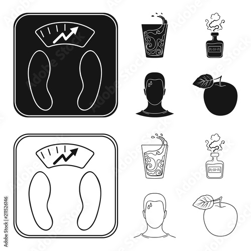A glass of water, a bottle of alcohol, a sweating man, an apple. Diabeth set collection icons in black,outline style vector symbol stock illustration web.