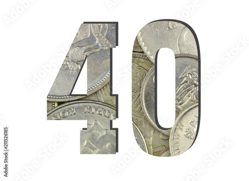 40 3d Number Shiny silver coins textures for designers. White isolated