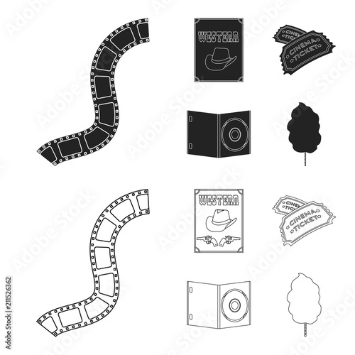 Western cinema, tickets, sweet cotton wool, film on DVD.Filmy and cinema set collection icons in black,outline style vector symbol stock illustration web.
