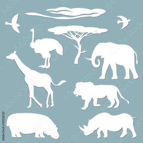 Set template for laser cutting and Plotter. Vector illustration. Animal sticker set - cloud, bird, tree, Hippo, ostrich, giraffe, lion, Rhino