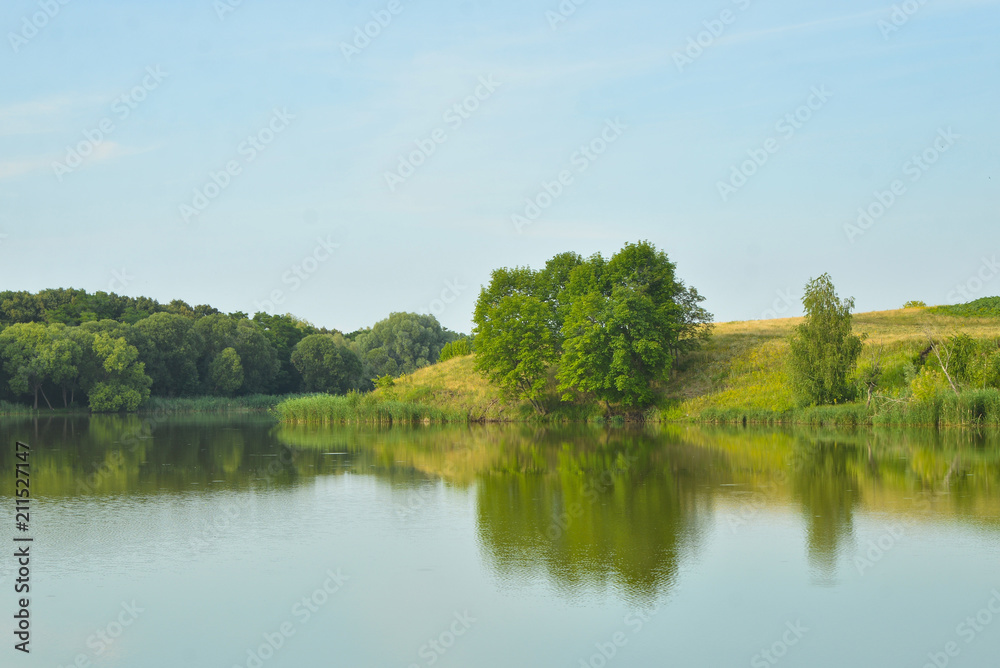 summer landscape with river and blue sky