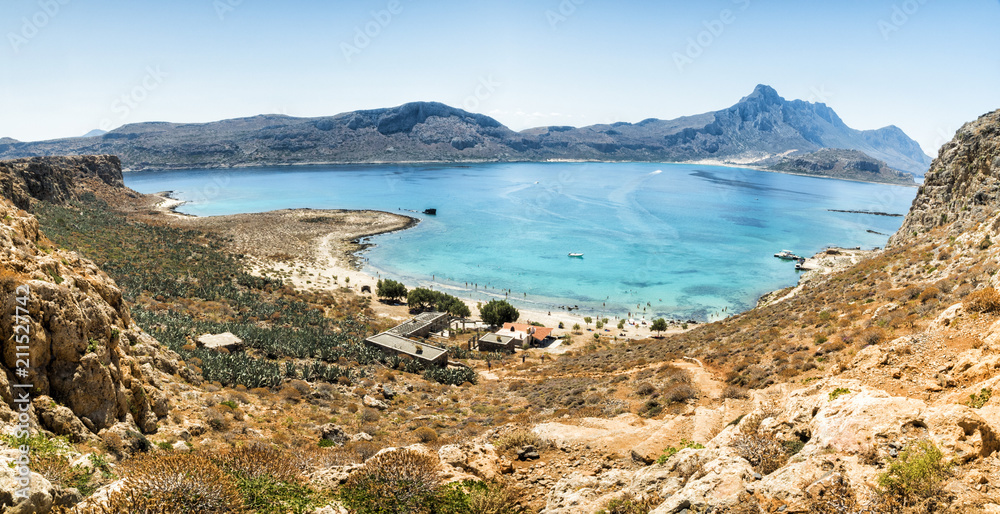 Panorama: Balos Lagoon Turquoise and Blue sea, view from the cliff of the island fort, Crete Island, Greece Panorama: Balos Lagoon Turquoise and Blue sea, view from the cliff of the island fort, Crete Island, Greece