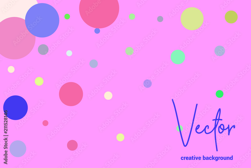 Vector template with random, chaotic, scattered colorful circles on pink background.