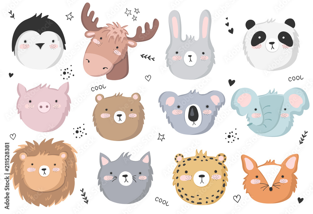 Vector set of cute doodle stickers with funny animals