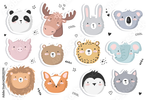 Fototapeta Naklejka Na Ścianę i Meble -  Vector set of cute doodle stickers with funny animals