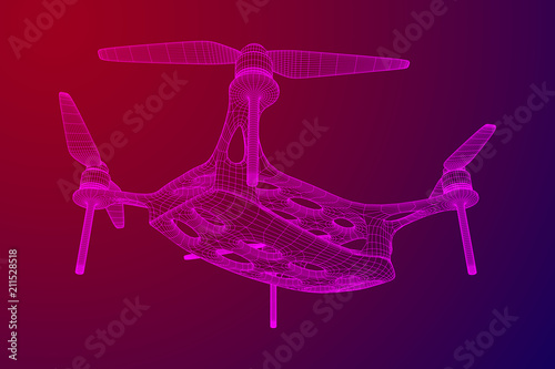 Remote control air drone. Dron flying with action video camera. Wireframe low poly mesh vector illustration