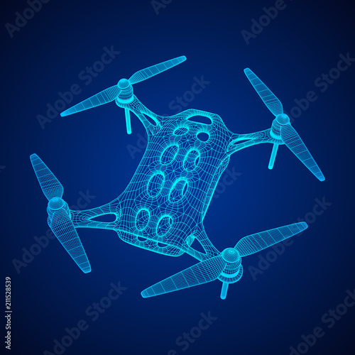 Remote control air drone. Dron flying with action video camera. Wireframe low poly mesh vector illustration