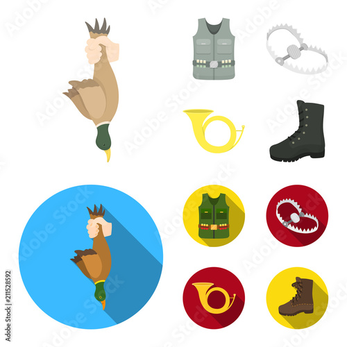 A trophy in his hand, a steel trap, a hunting vest with patronage, a horn..Hunting set collection icons in cartoon,flat style vector symbol stock illustration web.