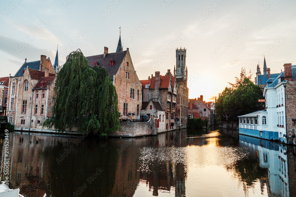 sunset over the old city of Bruges