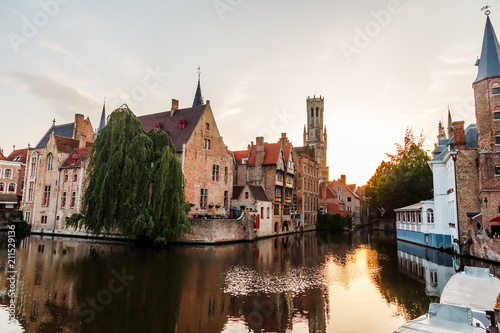sunset over the old city of Bruges
