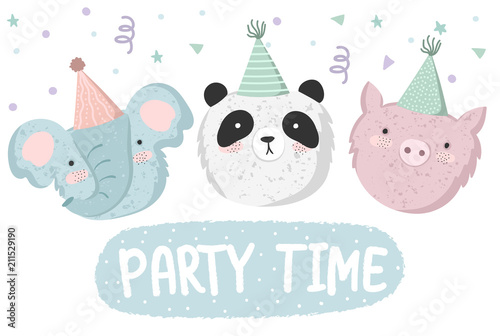 Vector cute poster with festive animals at a party and text