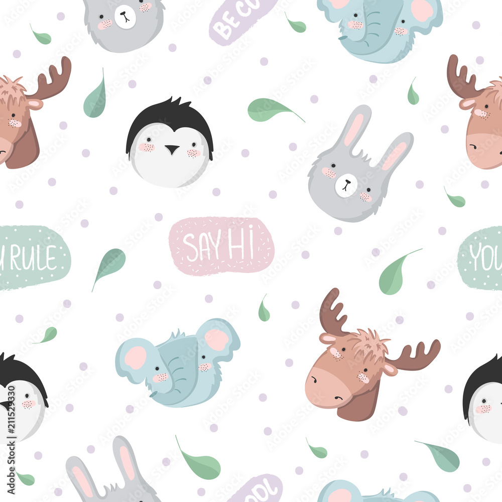 Vector seamless baby pattern with animals, text, leaves