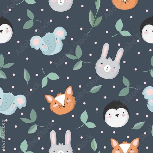 Vector seamless baby pattern with animals, branches, leaves