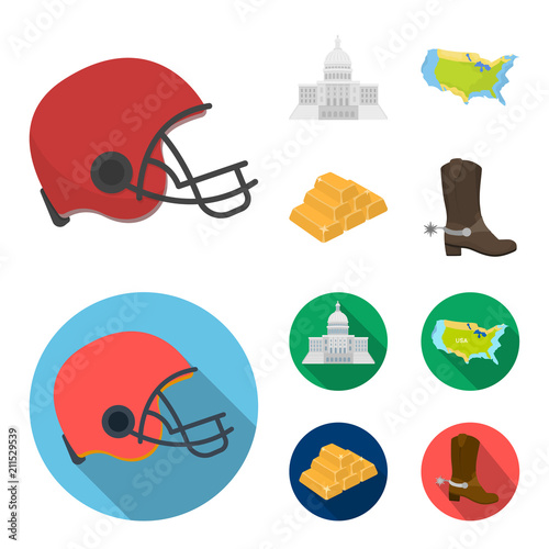 Football player helmet, capitol, territory map, gold and foreign exchange. USA Acountry set collection icons in cartoon,flat style vector symbol stock illustration web. photo