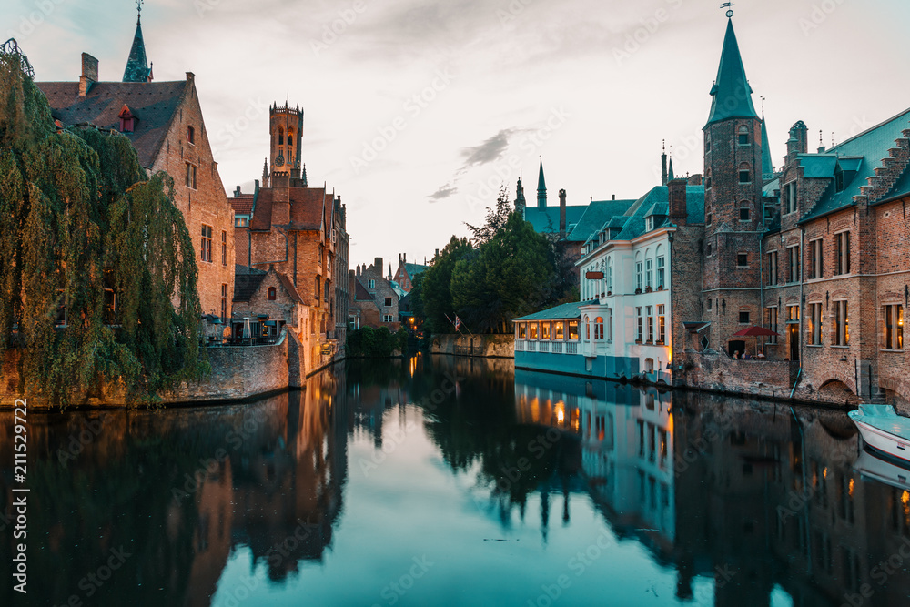 sunset over the old city of Bruges