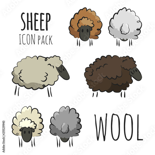Isolated sheep herd icons. Vector multi colored illustration on light background. Original hand-drawn set. EPS10.