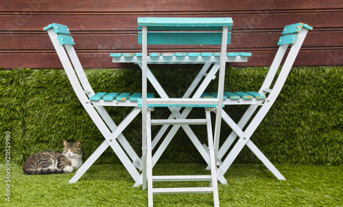 white turquoise table chairs in front of wooden wall