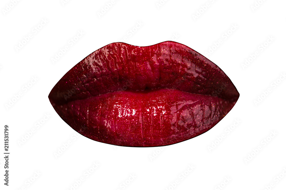 Female lips isolated on white background and colored with red lipstick. Red  lip make up. Seductive