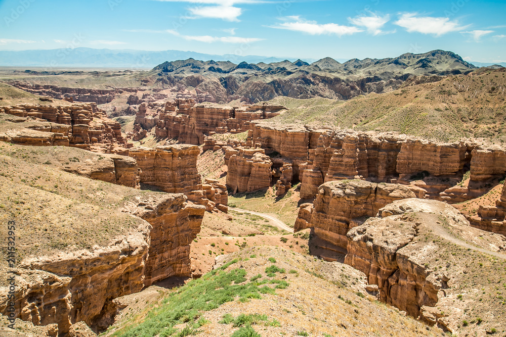 Sharyn Canyon -geological formation consists of sedimentary red sandstone- is a canyon on the Sharyn River in Kazakhstan. Charyn National Park.