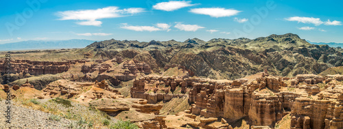 Sharyn Canyon panorama view -geological formation consists of sedimentary red sandstone. Kazakhstan.