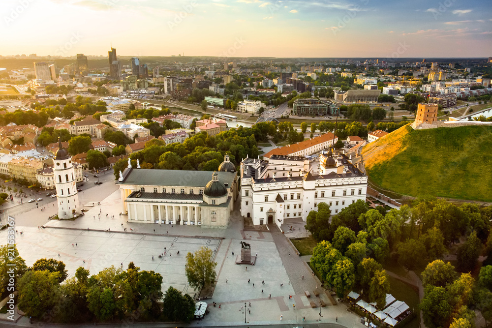 Aerial view of The Cathedral Square, main square of Vilnius Old Town, a key location in city`s public life, Lithuania