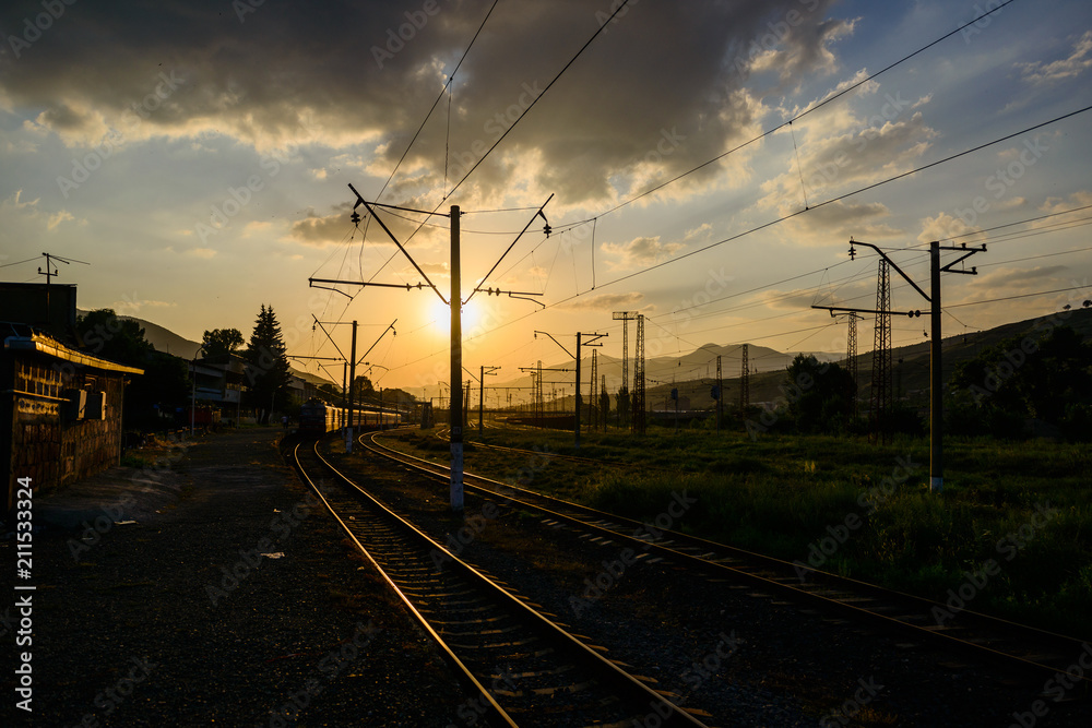 Sunset landscape with railroad tracks, Vanadzor
