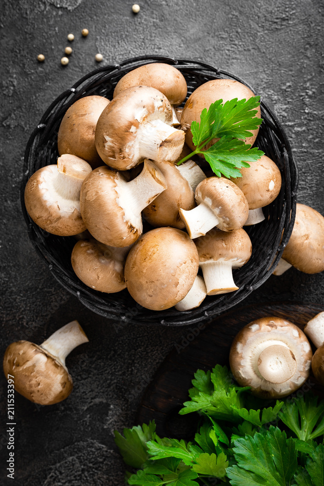 Mushrooms. Fresh mushrooms in basket Mushrooms. Fresh mushrooms in basket