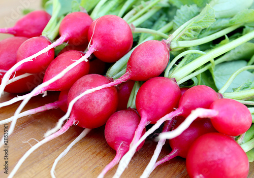 red fresh juicy radish with tops