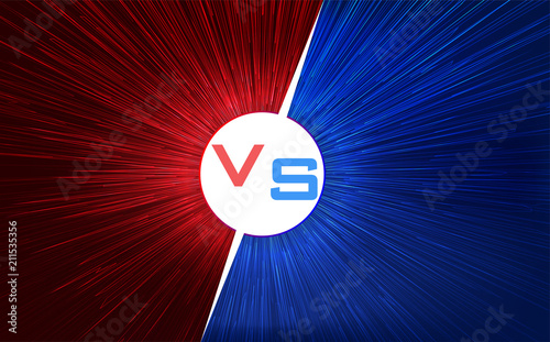 Versus screen design. Red and blue VS letters. Light warp speed. Vector illustration
