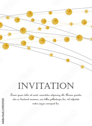 Vector illustration card template with golden color circles background. Design with gold glittering polka dot decoration