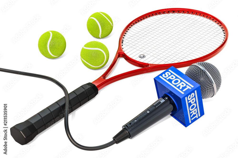 Tennis News concept. Microphone sport news with tennis ball and racket, 3D rendering