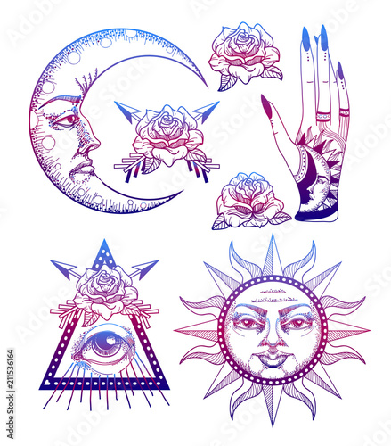 An ancient astronomical illustration of the sun, the moon, the stars, the rose, the eye in the graphic style of the antique. Magical vector illustration.
