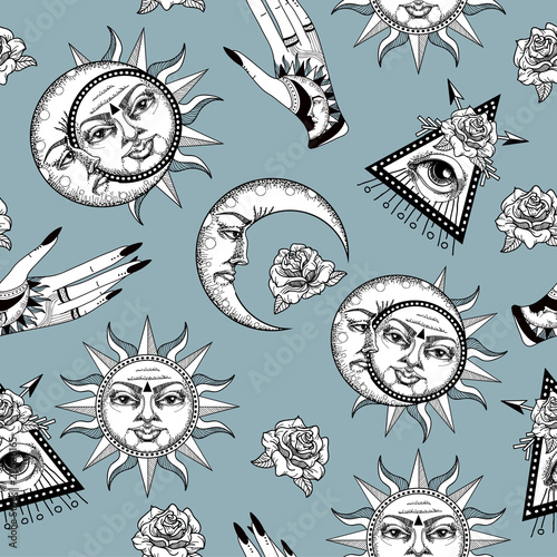 Seamless pattern with ancient astronomical illustration of the sun  the moon