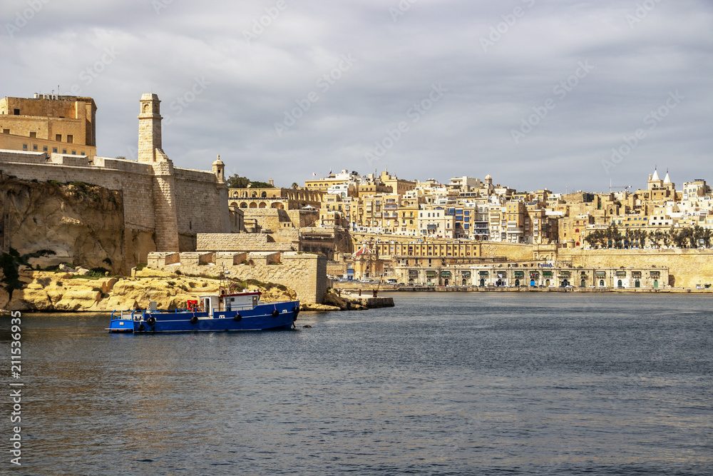 View to part of Fort St. Angelo in Birgu and Valletta with Quarry Wharf, at Grand Harbor, Malta