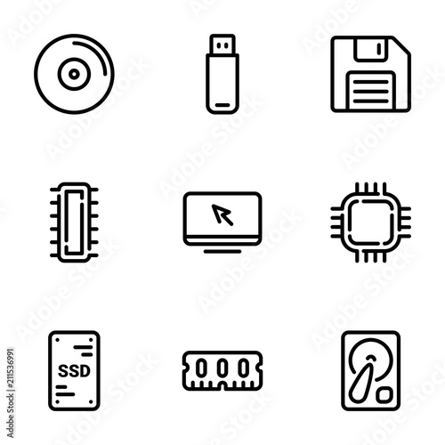 Set of black vector icons, isolated on white background, on theme Computer Memory